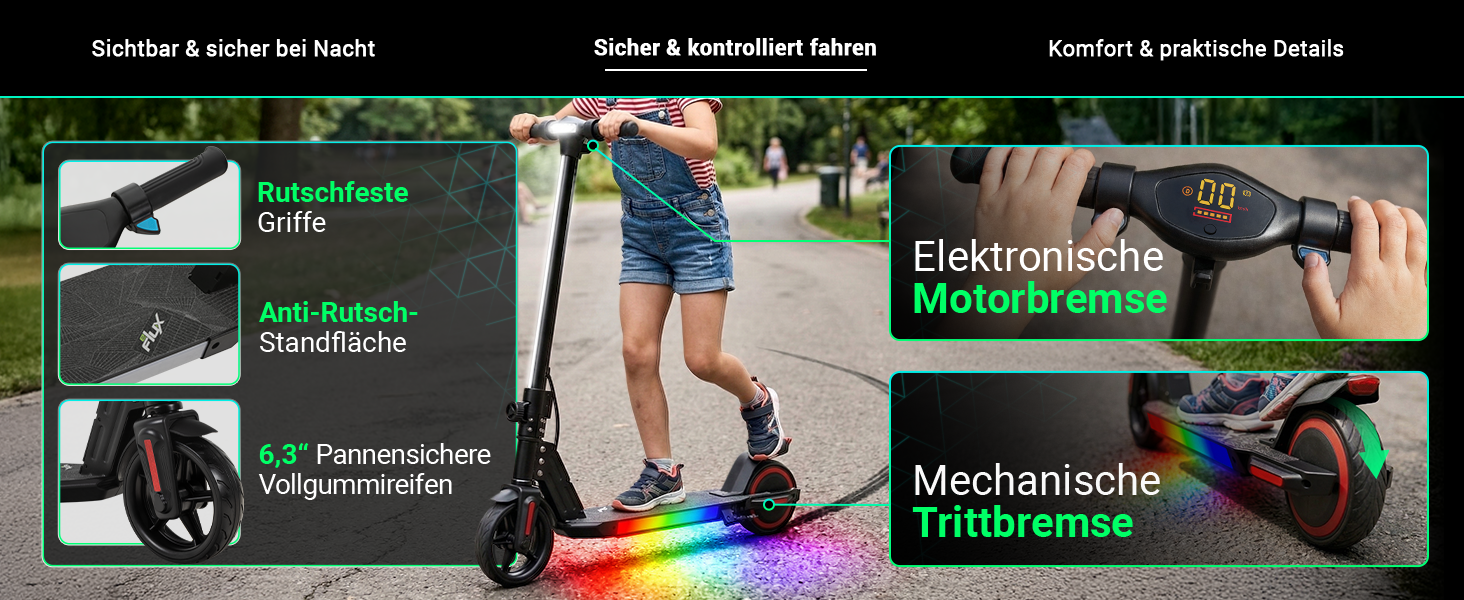 Sicher & kontrolliert fahren Kinder E-Scooter mit elektronischer Motorbremse, Trittbremse und rutschfester Standfläche